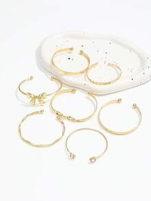 7pcs Ins Style Heart Rhinestone Bracelet Set, Heart Letter Bow Bracelet Set For Women - Gold - View 4