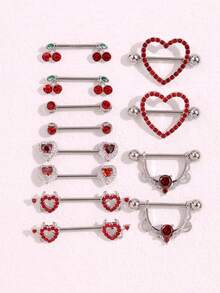 2件套不锈钢心形、蝴蝶、月亮、立方氧化锆花朵造型乳环，可爱穿刺饰品，适合日常佩戴 - nipple ring - 查看 3