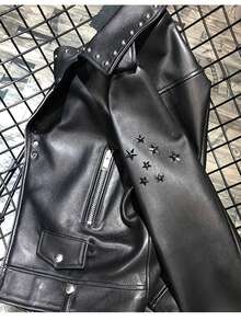 Pure Sheepskin Black Jacket With Studded Inlays, Featuring A Biker Style And A Stiff, Well - Shaped Cut. - 黑色 - 查看 7