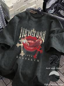 女士休闲宽松落肩水洗短袖T恤，N字母印花，水洗风格，落肩T恤，复古运动T恤，东方美学街头风2026米兰灵感印花T恤，印花图案，夏季T恤，女士T恤，上衣，夏季上衣，度假装，旅行服，沙滩风，简约度假服饰 - 黑色 - 查看 10