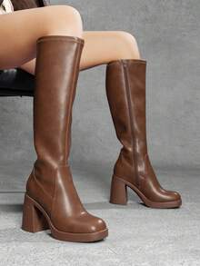 Athlefit Women's Stretch Knee High Boots - Platform Chunky Heel Square Toe Side Zip - 譚 - 查看 6