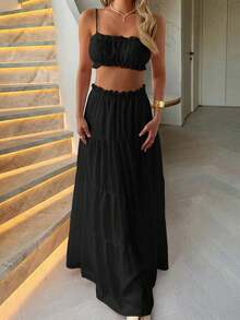 Look-Polly 女士优雅夏季婚礼活动两件套，性感吊带露脐修身上衣，优雅A字裙，适合派对和度假的沙滩连衣裙套装 - 黑色 - 查看 10