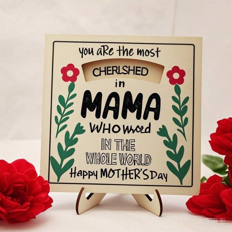 1pc Wooden Standing Plaque For Mother's Day, Featuring The Message "Mom Is The Happiest Person In The World," With A Wooden Base. A Heartwarming Gift For Mom Or Grandma, Suitable For Home Decor Or Office Desk Decoration. - multicolor - View 1