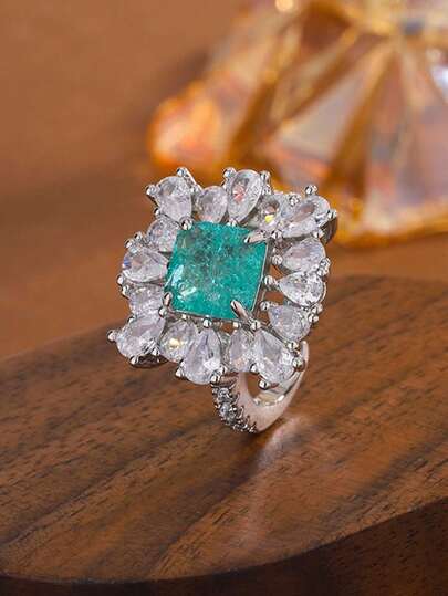 优雅花卉几何图案帕拉伊巴绿戒指，女士订婚礼物珠宝礼物