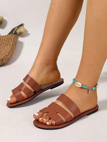 Ximi Ruo Wide Fit Rhinestone Embellished Comfortable Slippers, Korean Casual Flat Sandals For Women, Open Toe Slides For Spring, Summer, Beach, Casual Wear - Brown - View 2