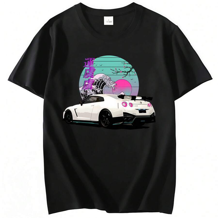 Anime T-Shirt "" For Men, Shirt With R35 Skyline GTR Vaporwave JDM Legend Car Print, Short Sleeve, 100% Cotton - màu đen - Xem 1