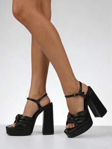 Elegant Platform Sandals For Women Summer Black Sandals Twist Front Chunky Heel Ankle Strap Heels Detail Prom Heels Zapatos De Mujer Elegantes - màu đen - Xem 8