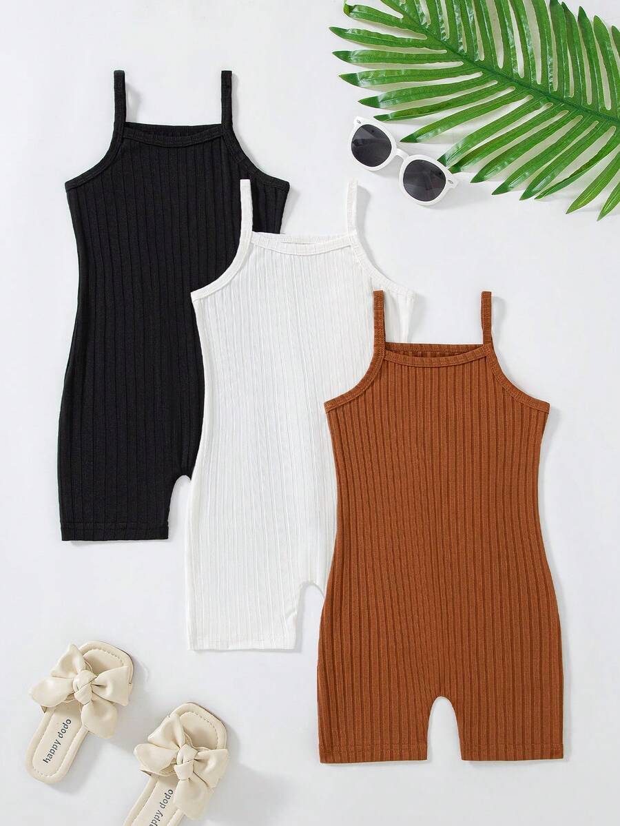 3pcs Baby Girls' Solid Ribbed Jumpsuit Set, Sportswear & Outdoor - Multicolor - View 1