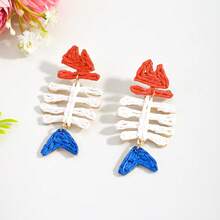 波西米亚风拉菲草鱼骨吊坠耳环，绿色手工编织鱼骨架耳环，女士夏季海滩饰品 - 彩色 - 查看 9