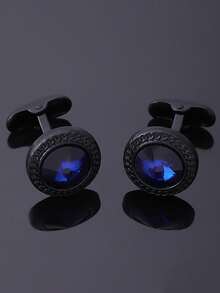 1 par premium runda galvaniserade manschettknappar i svart diamantmetall för män - Multifärgad - Visa 3