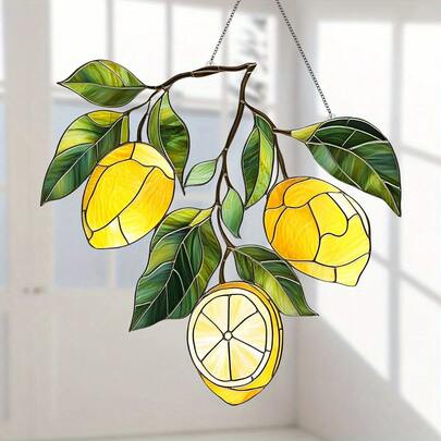 2D扁平设计柠檬造型光影捕捉器，亚克力窗饰挂板，色彩鲜艳的花卉图案，适合花园和家居装饰，适用于生日等场合，塑料材质，是馈赠亲朋好友的理想节日礼物