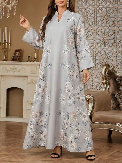 阿巴雅长袍，圆领，V 领，全身印花，厚实柔软的四向弹力面料，闪光装饰，胸前串珠，优雅奢华，适合所有季节，朴素的长袍