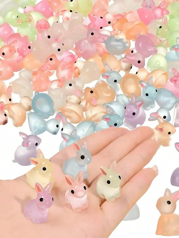 100pcs Cute Mini Glow-In-The-Dark Resin Rabbit Figurines, Luminous Micro Rabbit Miniature Fairy Garden Decor, Cartoon Easter Decorations, Car DIY Creative Accessories, Vibrant Colors, Collectible, Adorable Party Favors, Holiday Gift Filler