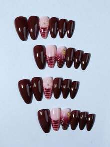 24pcs Almond-Shaped 3D Gel Nail Stickers, Floral Nail Art Design, French Tip Stickers, Pearl Decor, Perfect Fit Acrylic Nail Kit, Includes: 1pc Jelly Gel And 1pc Nail File, Bloominggelnails French Manicure, Suitable For Women's Daily Work, Festivals, Parties, Etc. Nail Supplies TVYF - Burgundy 2 - Xem 7