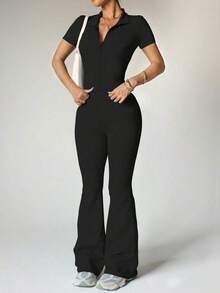 Women's Yoga Workout Set: Short Sleeve Zip-Up Jacket And High-Waisted Flare Pants - Moisture-Wicking, 4-Way Stretch, Suitable For Yoga, Pilates, Gym Workouts (Multiple Colors/Sizes Available) - 墨綠色 - 查看 1