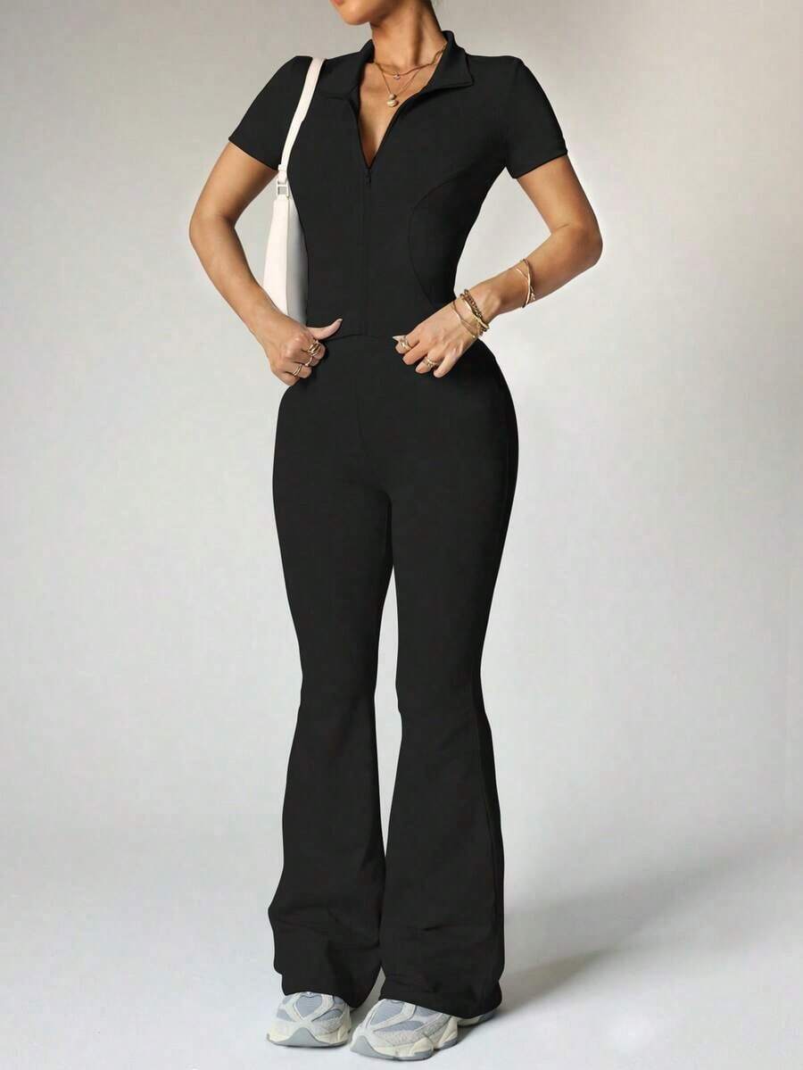 Women's Yoga Workout Set: Short Sleeve Zip-Up Jacket And High-Waisted Flare Pants - Moisture-Wicking, 4-Way Stretch, Suitable For Yoga, Pilates, Gym Workouts (Multiple Colors/Sizes Available) - 墨綠色 - 查看 1