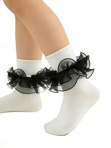1 Pair Girls/Toddlers Lace Trim Socks, Princess Baby Ruffle Dress Socks - Black - View 3