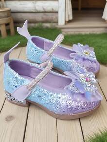 1 Pair Girls' Sequin Mary Jane Dress Shoes, Butterfly Decor Low Heel Single Strap Shoes, Suitable For Party & Performance - Purple - View 3