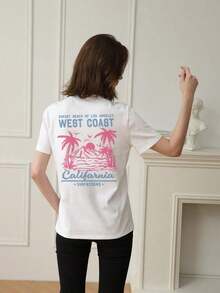 sommer oberteile damen ZIVRE baumwolle damen t-shirts Damen Neue Sommer Lässig Rundhals Kurzarm T-Shirt, minimalistischer vielseitiger Palmbaum Slogan Muster, geeignet für den täglichen Gebrauch.Grafik T-Shirt, Damen Weißes Top, Schwarzes Top, Rosa Top, Urlaub. t shirt damen - Weiss 3 - Übersicht 12
