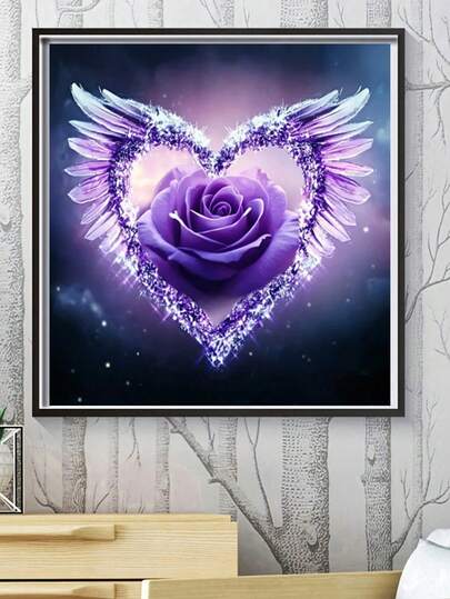 Kit de pintura de diamante sin marco con alas de ángel de rosa púrpura y corazón, taladro redondo 5D de cristal de rhinestone, decoración de pared romántica con corazón brillante, manualidad DIY como regalo para boda, aniversario y Día de San Valentín