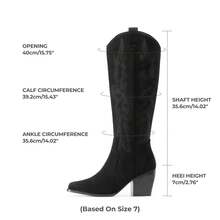 Knee High Boots Women, Pull On Zipper Chunky Heel Pointed Toe Embroidered Western Cowgirl Cowboy Boots - 黑色絨面革 - 查看 3