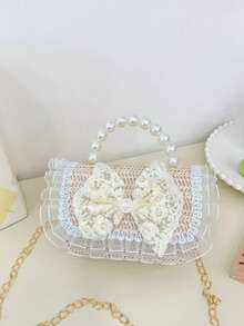 Striped Straw Small Square Bag, Lace Bow Pearl Handbag, Girly Vacation Crossbody Bag - Multicolor - View 16