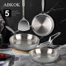 ABKOK 1 件套/5 件套不锈钢煎锅套装（8.6 英寸/9.4 英寸/10.2 英寸煎锅），配有耐热手柄、12.24 英寸铲子和 10.24 英寸食物夹；导热迅速均匀；不粘涂层厨房炊具，适用于所有炉灶类型；银色。 - 查看 2