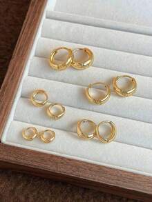 Western Jewelry Anckle Bracelet5 Pairs Minimalist Luxury Casual Copper Hoop Earrings, Geometric Design, Versatile & Elegant Women Earrings Setjewelry Woman Beach Accsesories - 黃金 - 查看 3