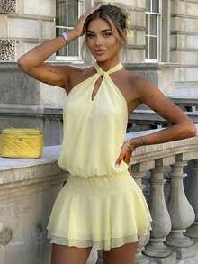 Women's Elegant Pale Yellow Halter Neck Cutout Tiered Ruffled Hem Mini Dress, Chic Sexy Summer Dress, Romantic Vacation Outfit - Yellow - View 4