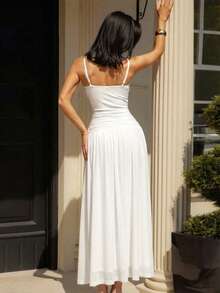 Women's Elegant White Spaghetti Strap Metal Ring Cutout Ruched Maxi Dress, Chic Sexy Evening Dress - White - View 2