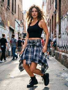 新款格子系带半身裙，朋克风春夏派对男女通用不对称叠层格子半身裙，性感朋克音乐节派对装扮，美式格子叠层裙摆半身裙 - 彩色 - 查看 4