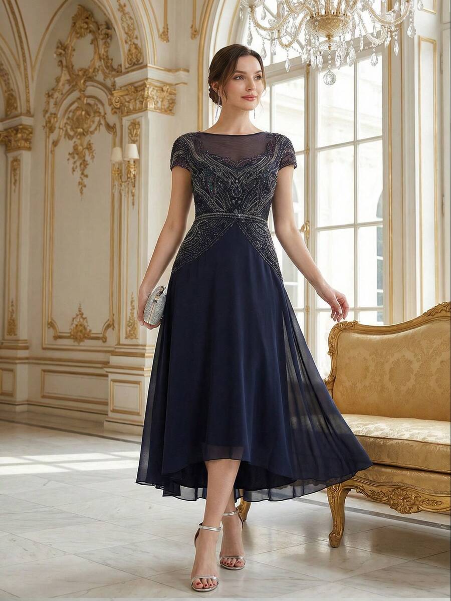 EVERPRETTY Women's Elegant Luxury Vintage Navy Blue Heavy Sequin Embroidered Chiffon Patchwork Formal Long Dress, Round Neck Short Sleeve Maxi Evening Gown For Wedding Guest