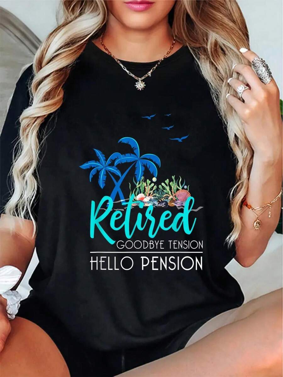 Funny Retirement Graphic T-Shirt - 'Goodbye Tension, Hello Pension' Design With Palm Tree & Flamingo Print - Casual Short Sleeve Tee For Men & Women - Machine Washable, Black, Perfect Retirement Gift Idea - 黑色 - 查看 1