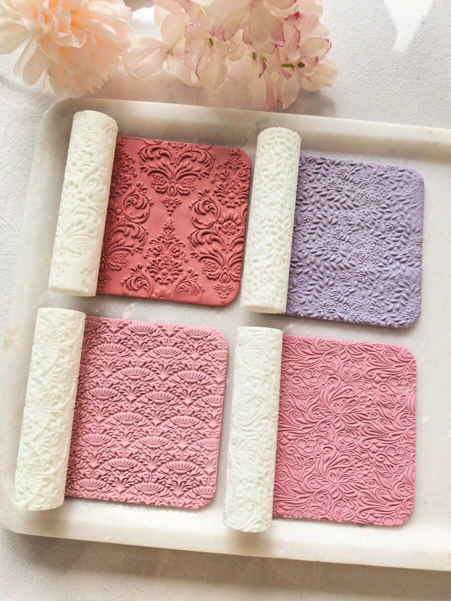 Polymer Clay Embossing Roller | Floral Polymer Clay Texture Roller, Soft Clay Texture Rolling Tool, Suitable For Jewelry Making And Art Design - White - View 1