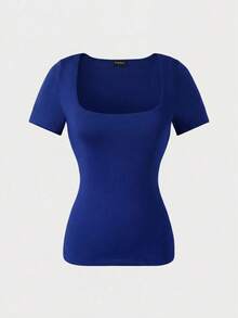 Casual Elegant Versatile Square Neck Short Sleeve Top, Suitable For Daily Wear, Commuting, Going Out, Spring & Summer - Teal Blue - View 6