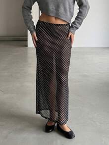 Women's Summer Sheer Long Skirt Black Low Waist Dot Print Slim Fit Skirt For Travel, Beach, Shopping - Black - View 2