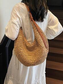 Dedoo Fashionable, Casual, And Lazy-Style Large U-Shaped Straw Crescent Bag, With A Gentle And Relaxed Feel, Super Large Capacity. The Shoulder Strap Is Spliced With Brown Leather, Can Be Carried On One Shoulder Or Cross-Body, Suitable For Summer Countryside/Outings/Seaside Vacations/Commuting - Khaki - View 8