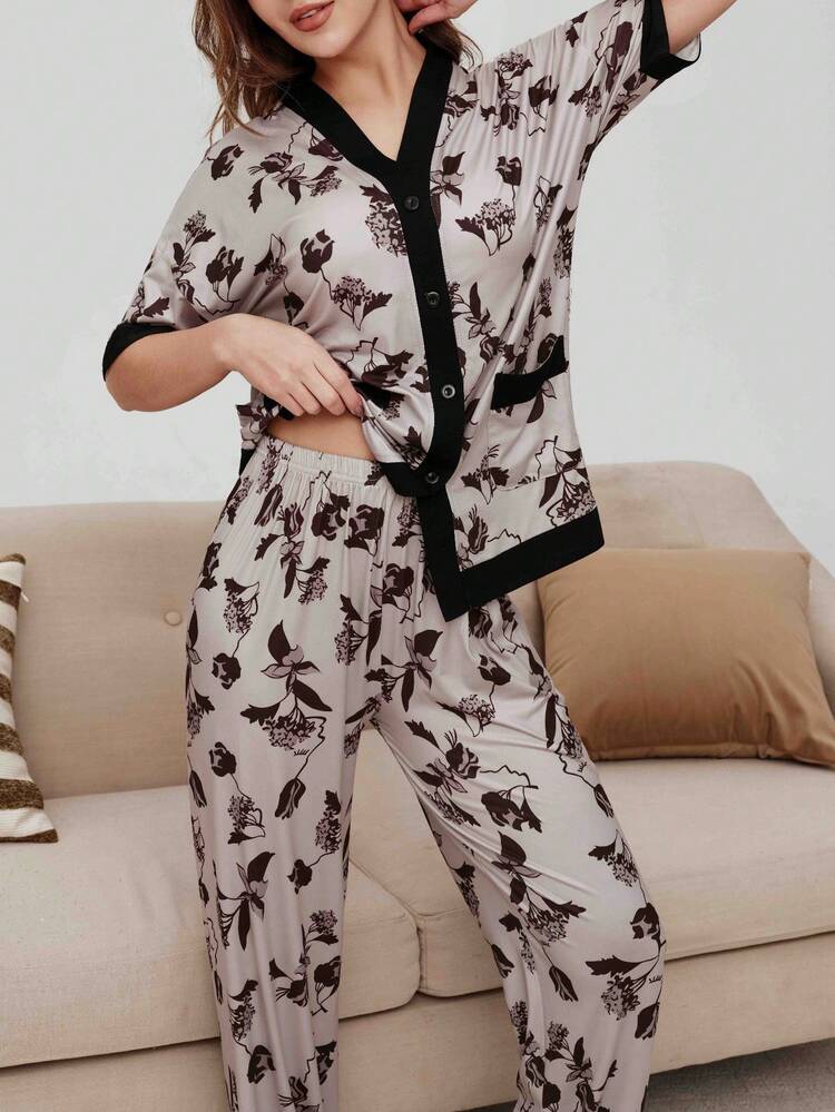 2pcs Women Pajama Set, Solid Color & Striped V-Neck Top And Long Pants, Short Sleeve Minimalist Comfortable Sleepwear - Black - View 4