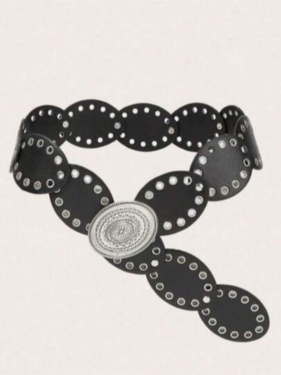 1 pieza Cinturón de mujer estilo vaquero bohemio, accesorio occidental, accesorio de moda bohemio para mujer, hebilla ovalada de metal negro vintage, accesorio de vestir, adecuado para fiesta, playa, festival de música, tallas grandes disponibles
