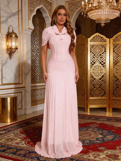 New Arrival Premium Heavy Cape Shawl + Dress 2-Piece Set, Patchwork Chiffon Design Elegant & Graceful, Pleated Hem Slimming Solid Color High-End, Rhinestone Flower Decor Bridesmaid Dress, Birthday Party, Formal Gown