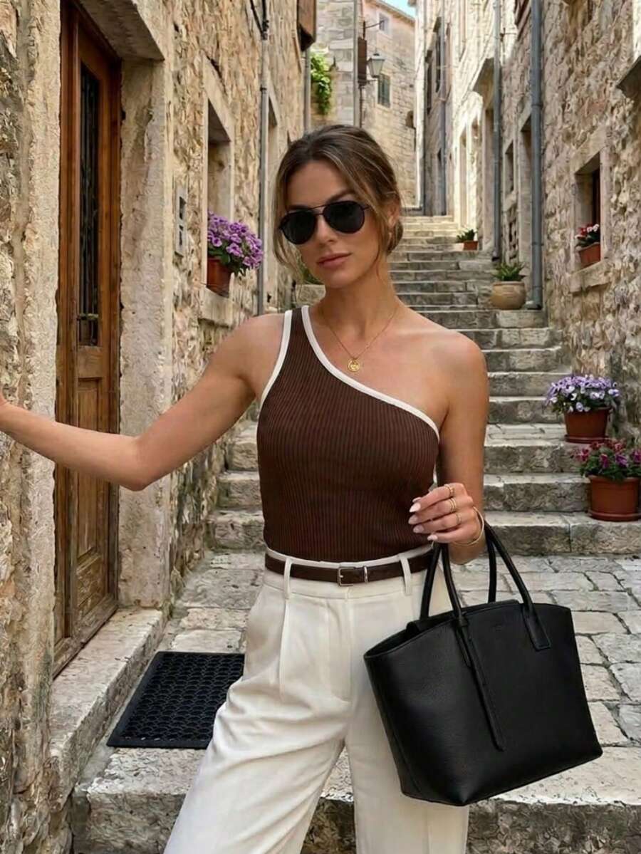 Women's One Shoulder Blouse, Plain Ribbed Knit, Premium Style, Casual, Basic, Elegant Tank Top - Marrón bicolor - Ver 1