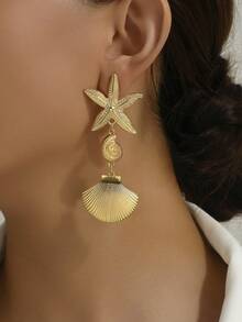 1 Đôi bông tai kiểu dáng mùa hè châu Âu và Mỹ hình vỏ sò, sao biển, kiểu dáng thả lủng lẳng, đa năng. - Vàng - Xem 2