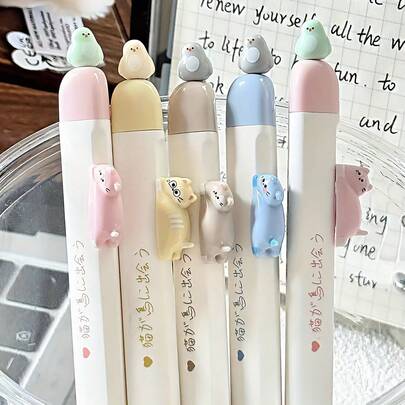 2支装多巴胺猫咪按压式笔，创意磁性小鸟可爱动物图案黑色墨水笔，0.5mm细笔尖，可替换笔芯，适合记笔记、书写、办公和学习。