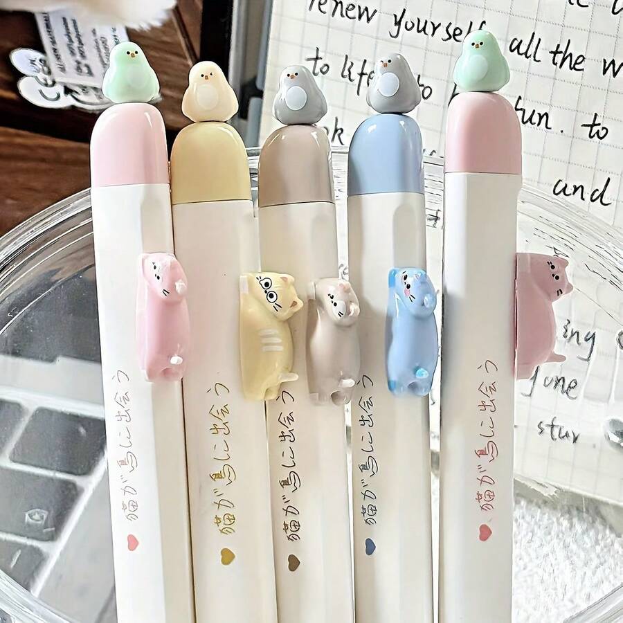 2pcs Dopamine Cat Push-Button Pen, Creative Magnetic Small Bird Cute Animal Pattern Black Ink Pen, 0.5mm Fine Tip, Refillable, Suitable For Note-Taking, Writing, Office And School - Multicolor - View 1