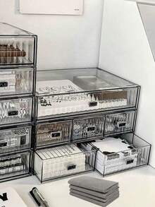 1pc Striped Transparent Stackable Storage Box, Minimalist Desktop Compartment Drawer Organizer - Clear - View 9