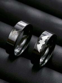 2pcs Stainless Steel Gothic Style Rings With Bat & Spider Web Patterns, Suitable For Daily Wear, Halloween Gift, Couple Rings - Multicolor - View 2