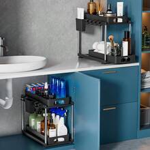 2 Pack Under Sink Organizer, 2 Tier Under Sink Organizers And Storage For Kitchen Bathroom, Height Adjustable Cabinet Organizer With Two Slide-Out Drawers - Black - View 5