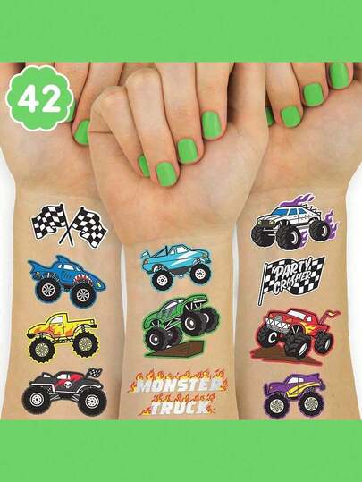 42 st tillfälliga tatueringar för monstertrucksfest - metalldesigner | Lastbilar, stora fordon, mållinje + starka lågor, lämpliga för monstertruckshower