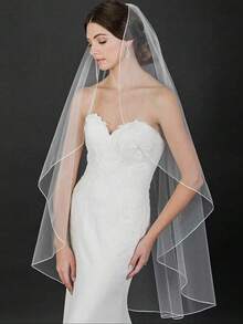 1pc Fine Mesh Lockstitch Bridal Veil, Simple Design For Wedding Ceremony And Banquet, Comes With Hair Comb - White - View 1