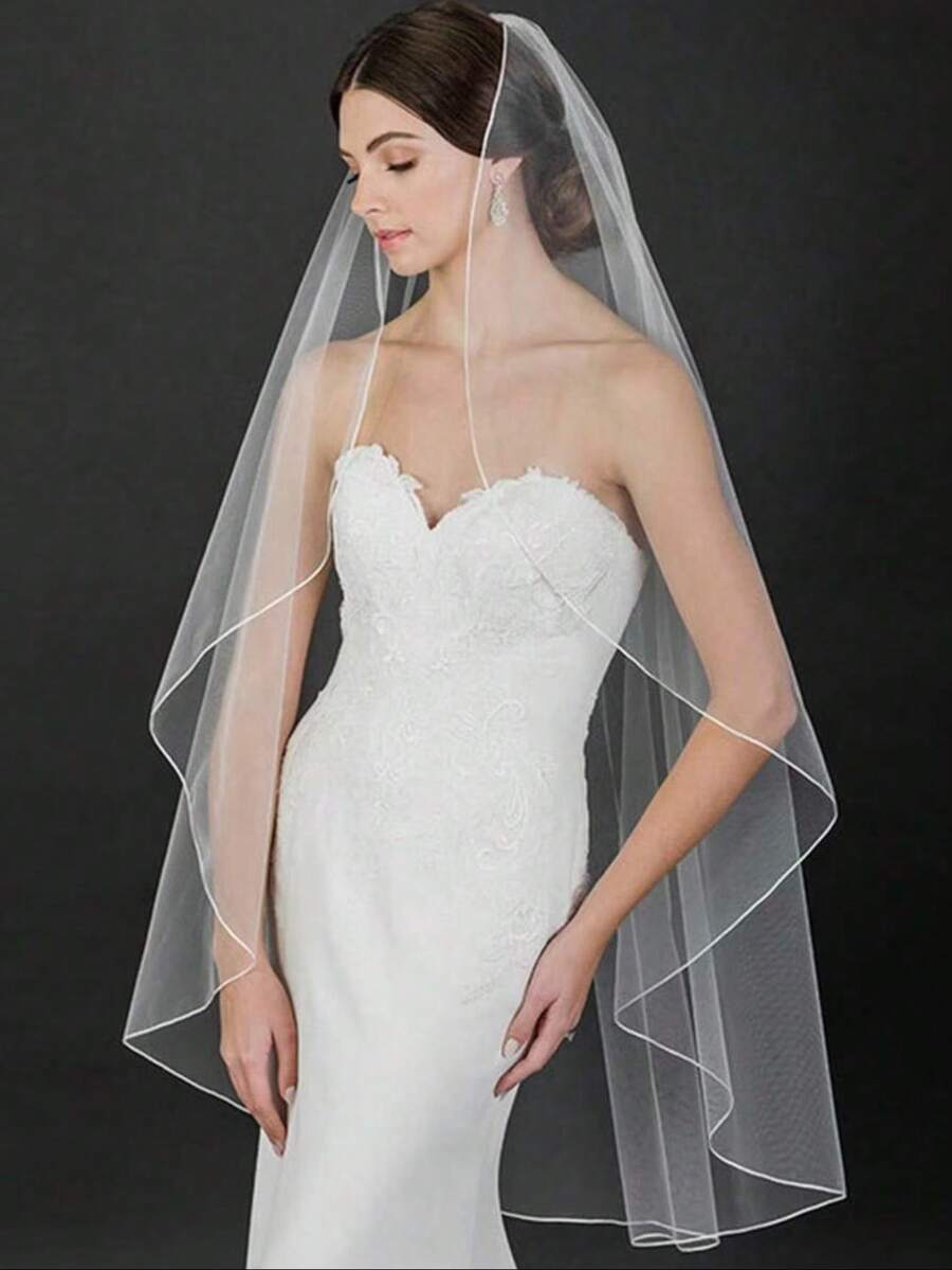 1pc Fine Mesh Lockstitch Bridal Veil, Simple Design For Wedding Ceremony And Banquet, Comes With Hair Comb - White - View 1